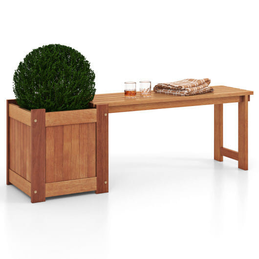 Teak Oil Finish Raised Garden Bed Wood Planter Box with Bench D681-GT4338