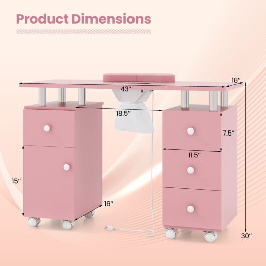 Manicure Table Nail Desk with Electric Dust Collector and 3 Dust Bags-Pink - Color: Pink D681-HB88759US-PI