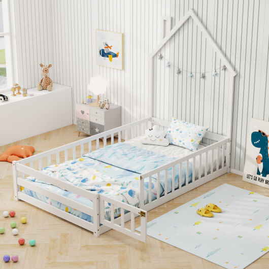 Twin Size Montessori Floor Bed with Lockable Door and Full-Length Guardrail-White - Color: White D681-HU10978WH