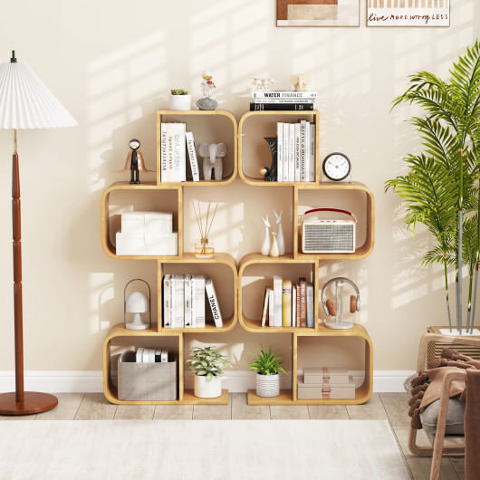 4-Tier S-Shaped Bamboo Bookcase with 4 Open Cubes for Living Room-Natural - Color: Natural D681-JV11993NA