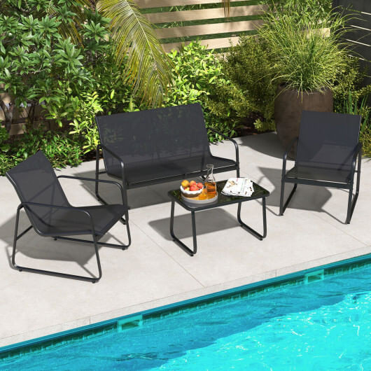 4 Pieces Outdoor Conversation Set with Tempered Glass Coffee Table-Black - Color: Black D681-NP11048BK
