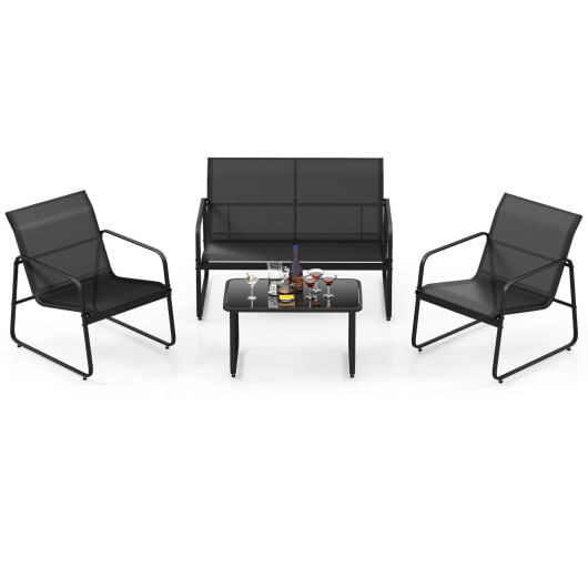 4 Pieces Outdoor Conversation Set with Tempered Glass Coffee Table-Black - Color: Black D681-NP11048BK
