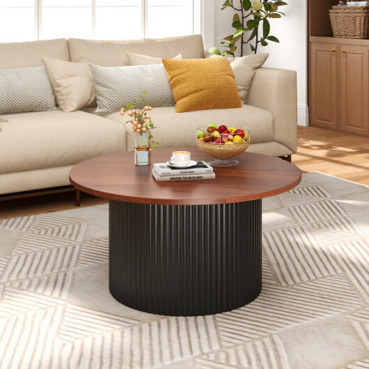 Round Coffee Table with Solid Wood Frame and Wooden Top-Walnut - Color: Walnut D681-JV12631WN
