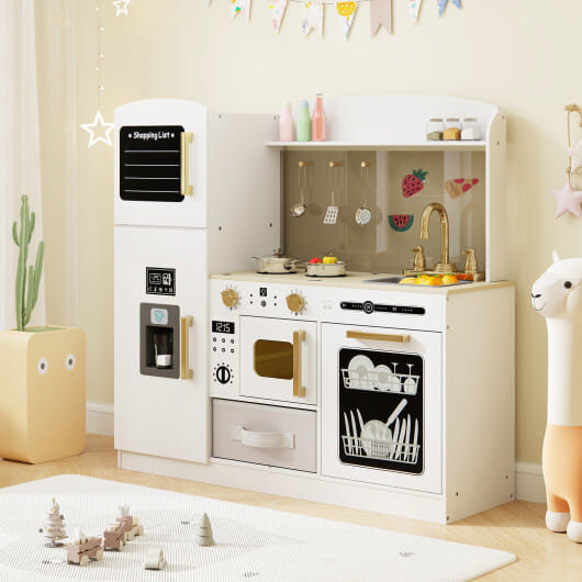 Wooden Kids Kitchen Playset with Chalkboard Ice Maker Sink Lighted Microwave-White - Color: White D681-TM10130WH