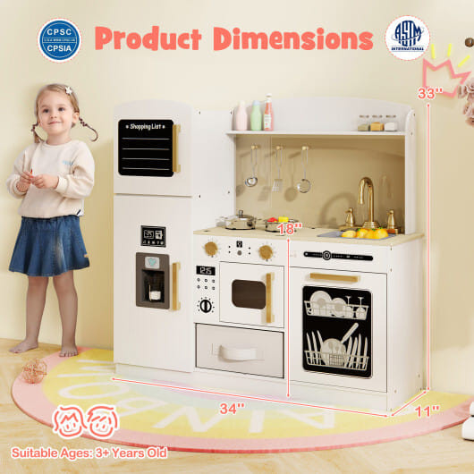 Wooden Kids Kitchen Playset with Chalkboard Ice Maker Sink Lighted Microwave-White - Color: White D681-TM10130WH
