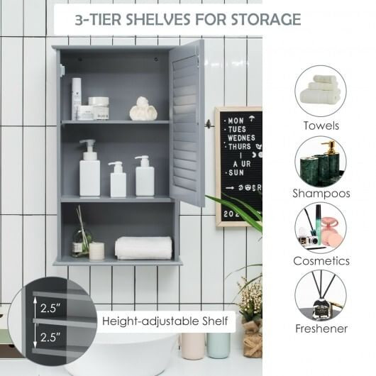 Bathroom Wall Mount Storage Cabinet Single Door with Height Adjustable Shelf-Gray - Color: Gray D681-BA7597GR
