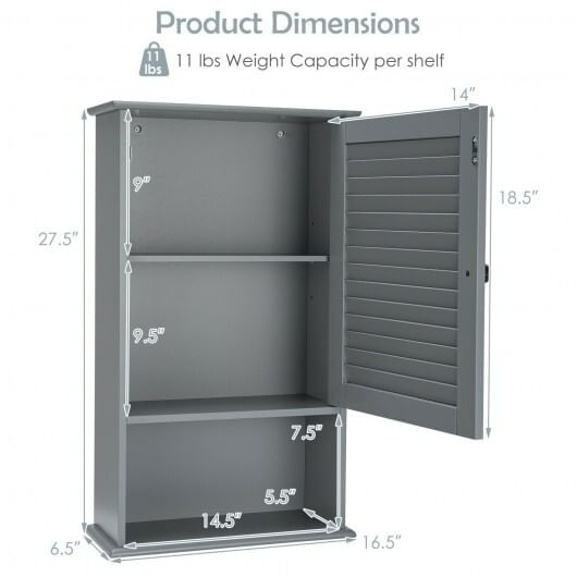 Bathroom Wall Mount Storage Cabinet Single Door with Height Adjustable Shelf-Gray - Color: Gray D681-BA7597GR