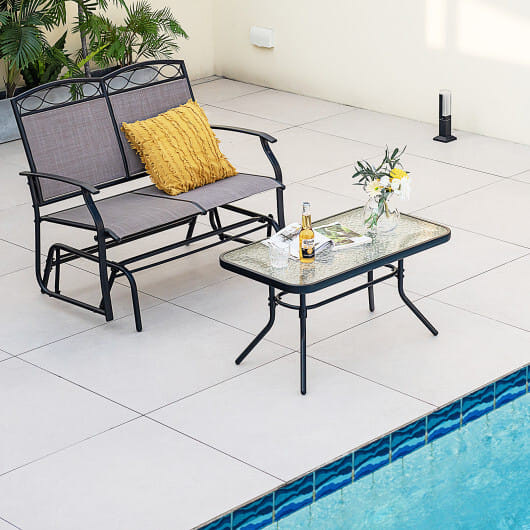 Outdoor Gliding Loveseat Chair with Tempered Glass Coffee Table-2 Pieces - Color: Brown D681-NP10952BN-1