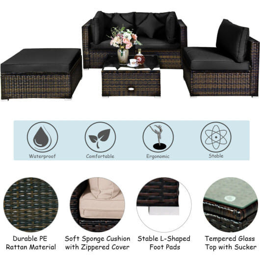 5 Pcs Outdoor Patio Rattan Furniture Set Sectional Conversation with Cushions-Black - Color: Black D681-HW68679ADK+