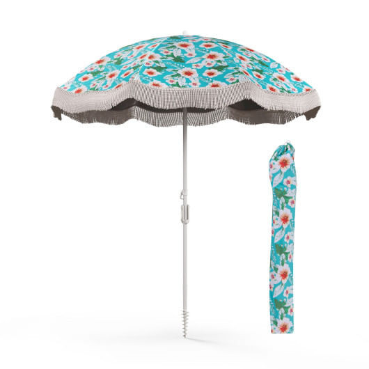 6.5 FT Beach Umbrella with Fringe Outdoor Tassel Umbrella with Push Button Tilt-Green - Color: Green D681-NP11622GN