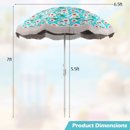 6.5 FT Beach Umbrella with Fringe Outdoor Tassel Umbrella with Push Button Tilt-Green - Color: Green D681-NP11622GN