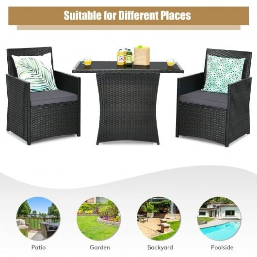 3 Pieces Patio Rattan Furniture Set with Cushion and Sofa Armrest-Gray - Color: Gray D681-HW68178GR