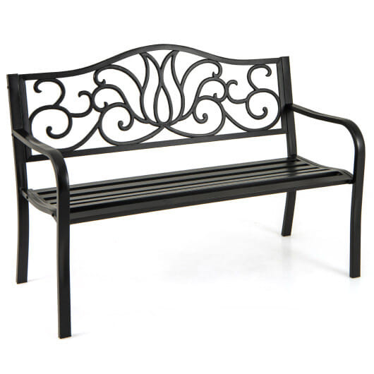 50 Inches Outdoor Garden Bench with Floral Design Backrest and Slatted Seat-Black - Color: Black D681-NP12453BK