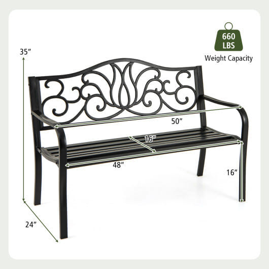 50 Inches Outdoor Garden Bench with Floral Design Backrest and Slatted Seat-Black - Color: Black D681-NP12453BK
