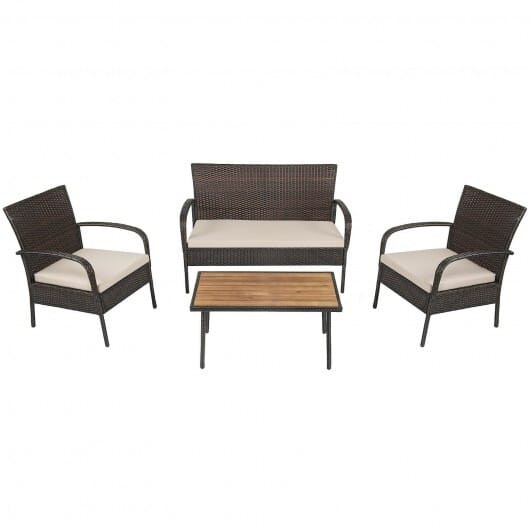 4 Pieces Patio Cushioned Wicker Conversation Set with Acacia Wood Tabletop - Color: Brown D681-HW67768