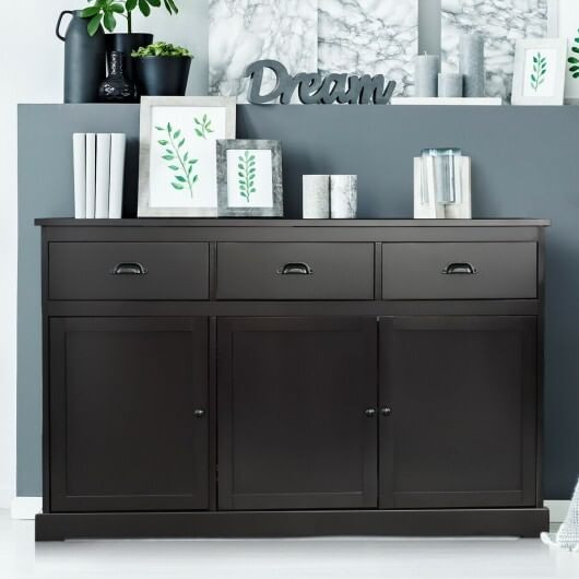 3 Drawers Sideboard Buffet Storage with Adjustable Shelves-Brown - Color: Brown D681-HW66311BN+
