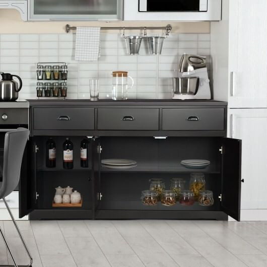 3 Drawers Sideboard Buffet Storage with Adjustable Shelves-Brown - Color: Brown D681-HW66311BN+