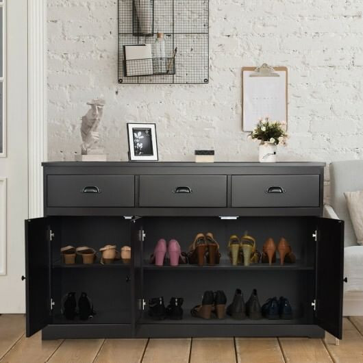 3 Drawers Sideboard Buffet Storage with Adjustable Shelves-Brown - Color: Brown D681-HW66311BN+