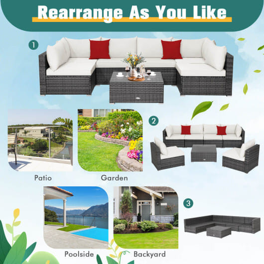 7 Pieces Patio Rattan Furniture Set Sectional Sofa Garden Cushion-White - Color: White D681-HW70439WH+