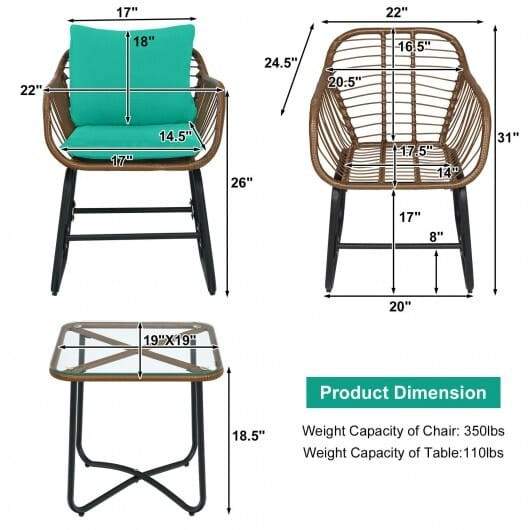 3 Pieces Patio Rattan Bistro Set Cushioned Chair Glass Table Deck-Turquoise - Color: Turquoise D681-OP70838TU