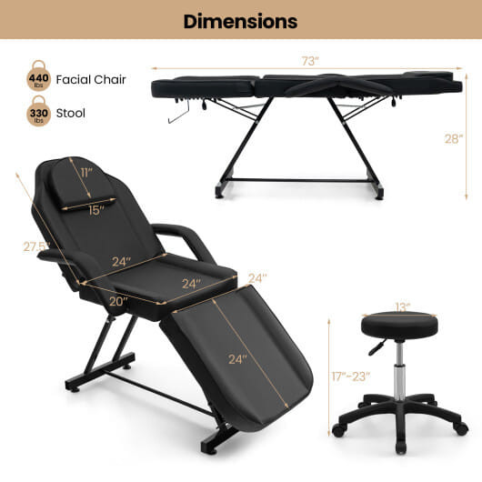 73 Inch Facial Chair Set with Removable Headrest Detachable Armrests and Towel Rack-Black - Color:  D681-HB88580BK