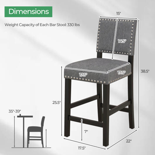 38.5/43.5 Inch Set of 2 Counter Height Chairs with Solid Rubber Wood Frame-S - Color: Gray - Size: S D681-JV11370GR-2