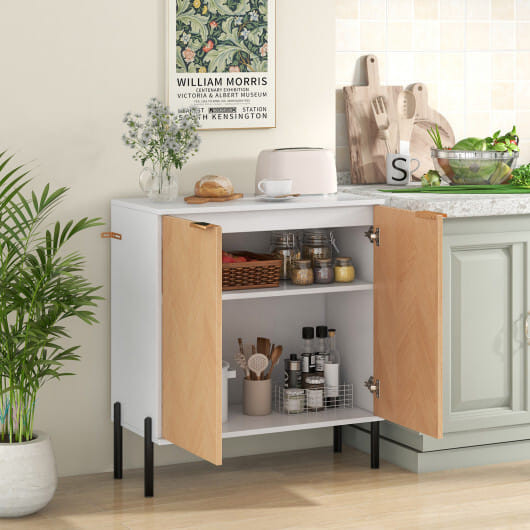 2-Door Buffet Cabinet Sideboard with Shelf and Metal Legs-White-Natural Wood - Color: Natural & Whi D681-JV11654YG