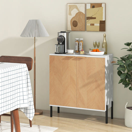 2-Door Buffet Cabinet Sideboard with Shelf and Metal Legs-White-Natural Wood - Color: Natural & Whi D681-JV11654YG