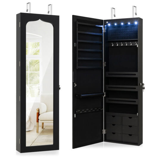 Lockable Wall Mounted Mirror Jewelry Armoire with 5 LEDs and 6 Drawers-Black - Color: Black D681-HW63090BK