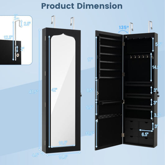 Lockable Wall Mounted Mirror Jewelry Armoire with 5 LEDs and 6 Drawers-Black - Color: Black D681-HW63090BK