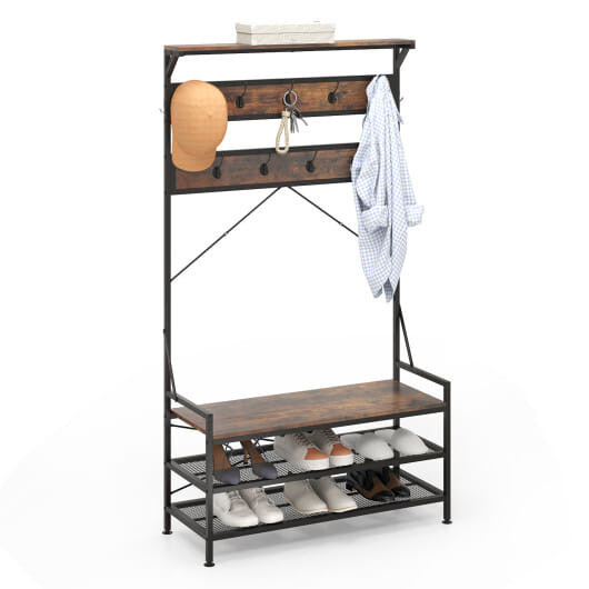 Coat Rack 4-In-1 Hall Tree with 11 Hanging Hooks Shoe Bench-Rustic Brown - Color: Rustic Brown D681-JV12021CF