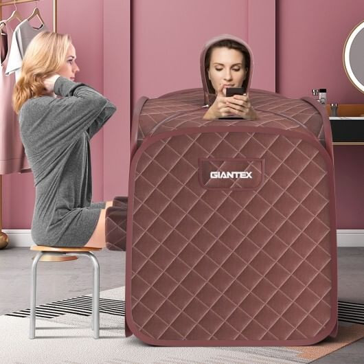 800W 2 Person Portable Steam Sauna Tent SPA with Hat Side Holes 3L Steamer-Coffee - Color: Brown D681-BA7733US-CF