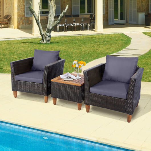 3 Pieces Outdoor Patio Wicker Furniture Set with Cushions and Acacia Wood Coffee Table-Gray - Color D681-HW71661GR