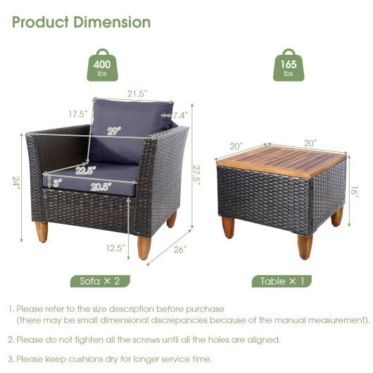 3 Pieces Outdoor Patio Wicker Furniture Set with Cushions and Acacia Wood Coffee Table-Gray - Color D681-HW71661GR