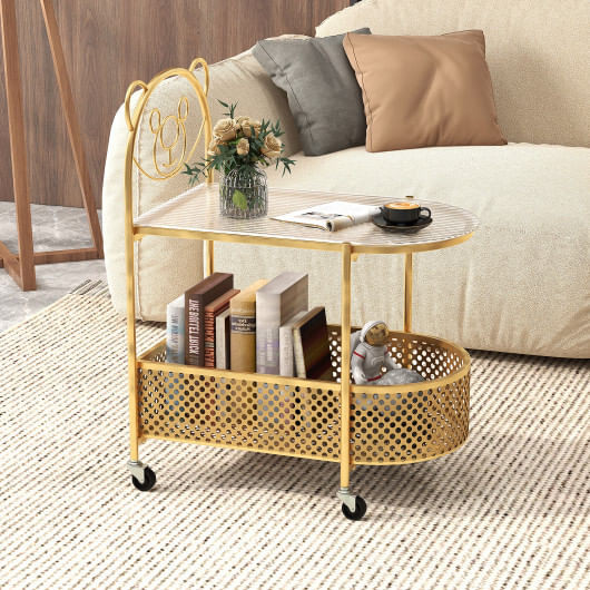 2-Tier Mobile Glass Coffee Table with Bear Pattern-Golden - Color: Golden D681-JV11722GD