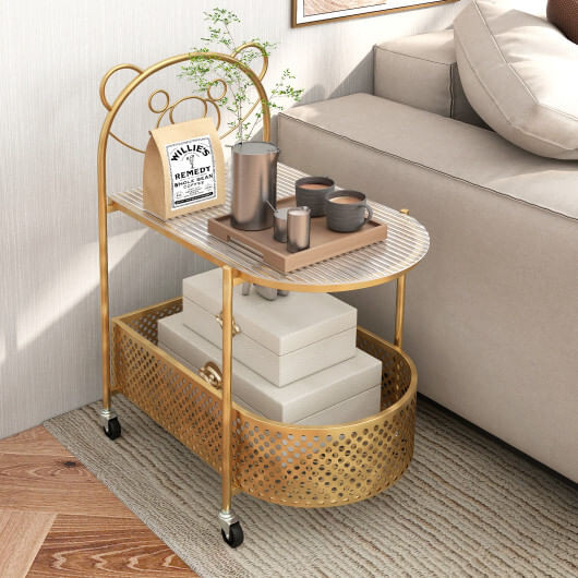 2-Tier Mobile Glass Coffee Table with Bear Pattern-Golden - Color: Golden D681-JV11722GD