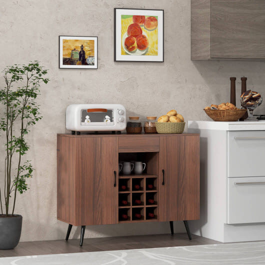 Mid-century Modern Buffet Sideboard Server Cabinet with 9-Bottle Wine Rack-Walnut - Color: Walnut D681-JV11158WT