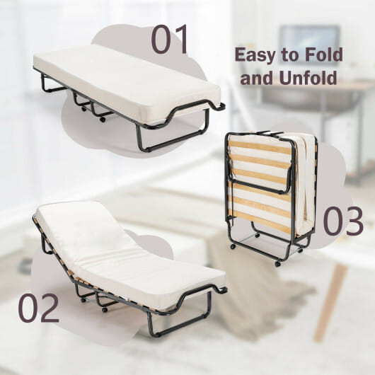 Rollaway Folding Bed with Memory Foam Mattress and Dust-Proof Bag Made in Italy - Color: White D681-HW69784