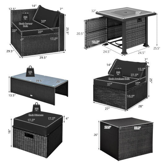 9 Pieces Patio Furniture Set with 32" Fire Pit Table and 50000 BTU Square Propane Fire Pit-Black -  D681-NP10618CF+HW68605DK+