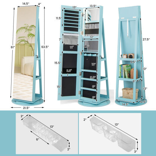 360?° Rotating Mirrored Jewelry Cabinet Armoire 3 Color LED Modes Lockable-Blue - Color: Blue D681-JV10430LU