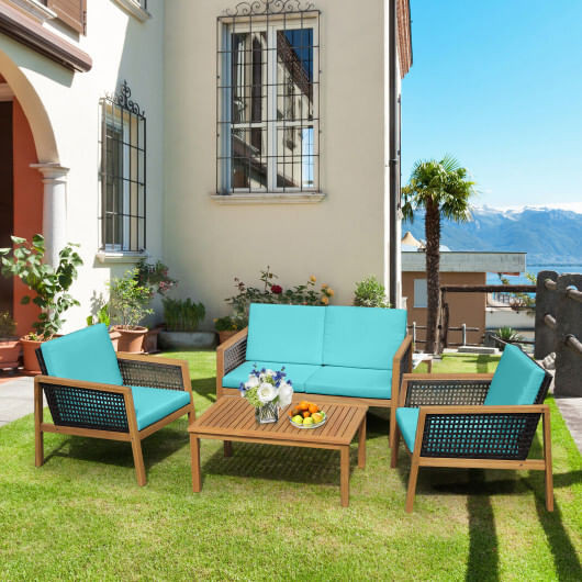 4 Pieces Patio Rattan Furniture Set with Removable Cushions-Turquoise - Color: Turquoise D681-HW69144TU+