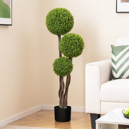 4 FT Artificial Boxwood Topiary Ball Tree in Weighted Pot with Triple Ball - Color: Green D681-HZ10233