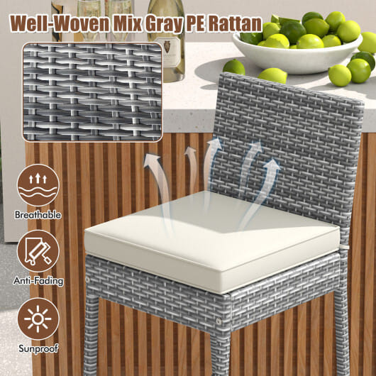 Set of 2/4 Patio Wicker Barstools with Soft Seat Cushion and Cozy Footrest-Set of 2 - Color: Gray D681-HW72976-2