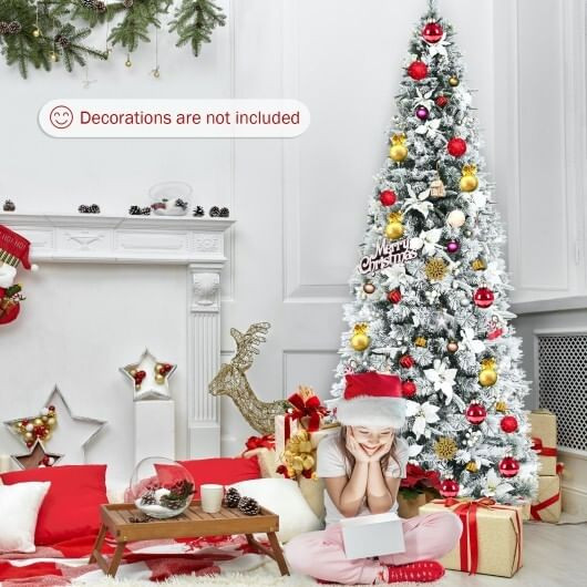 Snow Flocked Christmas Pencil Tree with Berries and Poinsettia Flowers- 8 ft - Color: White - Size: D681-CM23503