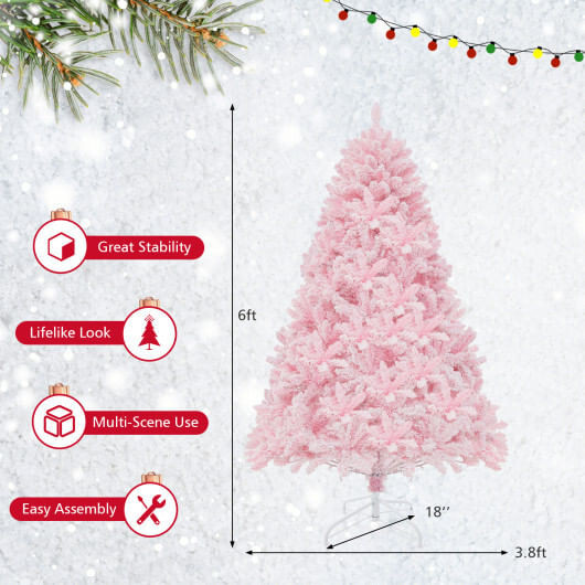 6 FT Flocked Artificial Xmas Tree Hinged with 350 LED Lights - Color: Pink - Size: 6 ft D681-CM24508US