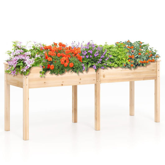 Fir Wood Outdoor Raised Garden Bed with Divider Panel and Drainage Holes-Natural - Color: Natural D681-GT4278NA