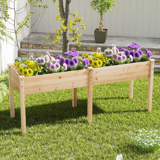 Fir Wood Outdoor Raised Garden Bed with Divider Panel and Drainage Holes-Natural - Color: Natural D681-GT4278NA