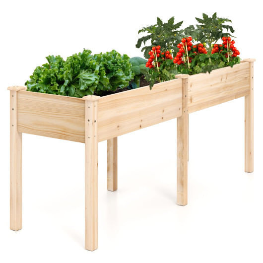 Fir Wood Outdoor Raised Garden Bed with Divider Panel and Drainage Holes-Natural - Color: Natural D681-GT4278NA