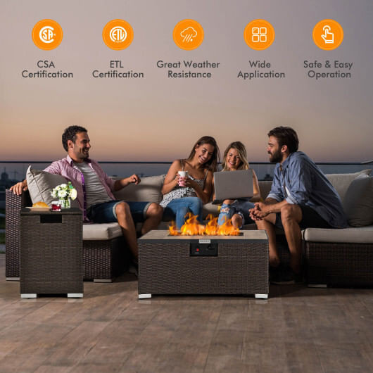 32 x 20 Inch Propane Rattan Fire Pit Table Set with Side Table Tank and Cover-Brown - Color: Brown D681-NP10261CF
