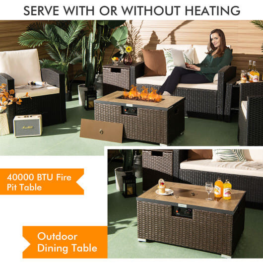 32 x 20 Inch Propane Rattan Fire Pit Table Set with Side Table Tank and Cover-Brown - Color: Brown D681-NP10261CF